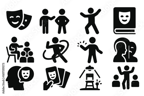 Expressive Therapy Icons. Solid style icons of expressive and drama therapy: mask with emotion icon, role play scene, theatrical