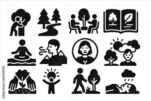 Eco Therapy Icons. Solid style icons of environmental and eco therapy: tree hug figure, forest therapy path, outdoor session icon,
