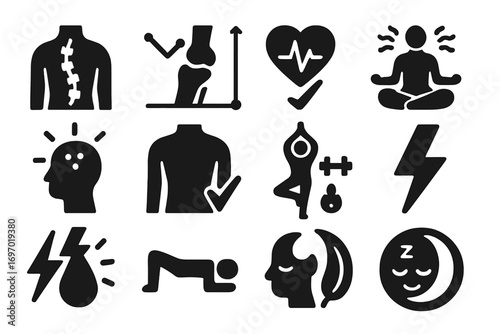 Yoga Health Icons. Solid style icons of yoga for health and wellness: spine alignment icon, joint flexibility chart, calm