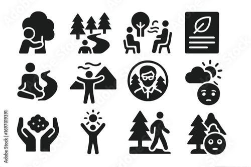 Eco Therapy Icons. Solid style icons of environmental and eco therapy: tree hug figure, forest therapy path, outdoor session icon,