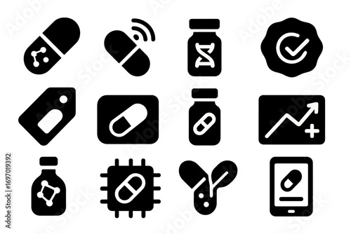 Innovative Drug Icons. Solid style icons of experimental and cutting-edge drugs: nanomedicine capsule, smart pill icon, gene