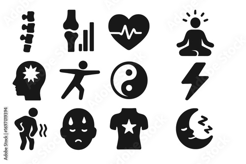 Yoga Health Icons. Solid style icons of yoga for health and wellness: spine alignment icon, joint flexibility chart, calm