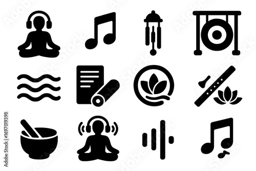 Yoga and Music Icons. Solid style icons of yoga and music: yoga with headphones, relaxing music note, chime bell icon, gong symbol