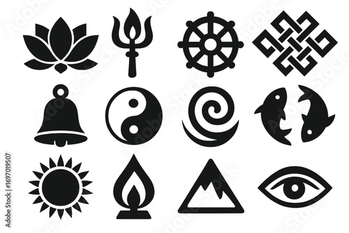 Symbolic Temple Motifs. Solid style icons of symbolic temple motifs: lotus bloom, trident flame, wheel of dharma, endless knot,