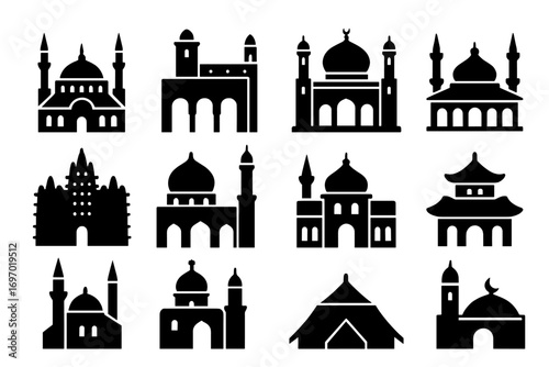 Icons of World Mosques. Solid style icons of mosques around the world: Ottoman-style mosque, Moroccan riad mosque, Indian Mughal