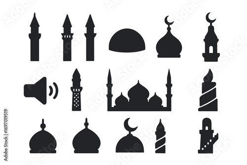 Mosque Icon Silhouettes. Solid style icons of mosque minarets and domes: single tall minaret, twin minarets, wide dome,