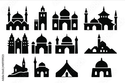 Icons of World Mosques. Solid style icons of mosques around the world: Ottoman-style mosque, Moroccan riad mosque, Indian Mughal
