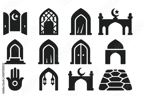 Mosque Door Icons. Solid style icons of mosque doors and entrances: open mosque door, carved entry arch, entrance with curtain,