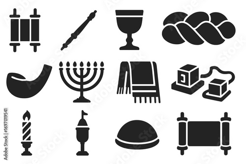 Jewish Ritual Objects Icons. Solid style icons of synagogue ritual objects: Torah scroll, yad pointer, kiddush cup, challah bread,