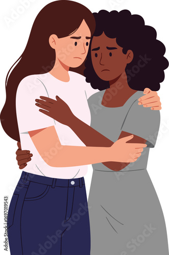 Two women comforting each other in emotional support gesture with diverse friendship and empathy concept 