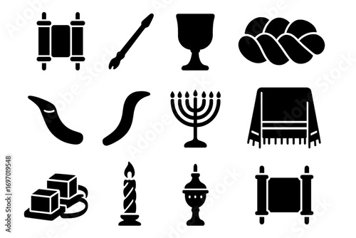 Jewish Ritual Objects Icons. Solid style icons of synagogue ritual objects: Torah scroll, yad pointer, kiddush cup, challah bread,