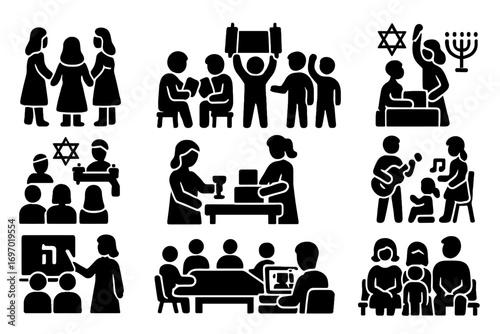Synagogue Group Activities. Solid style icons of synagogue group activities: women’s prayer circle, study chavruta pair, teen
