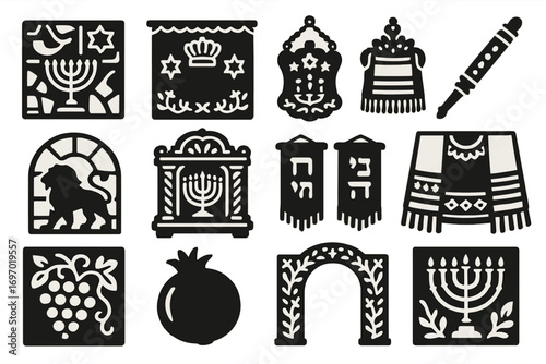 Synagogue Symbolism Icons. Solid style icons of synagogue decorations and symbolism: mosaic wall with symbols, embroidered