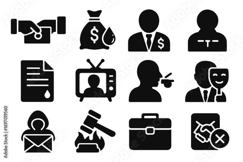 Icons of Corruption. Solid style icons of political corruption and scandals: bribery handoff, hidden money bag, corrupt official,