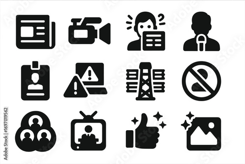 Media Influence Icons. Solid style icons of media and political influence: newspaper headline, breaking news camera, biased media