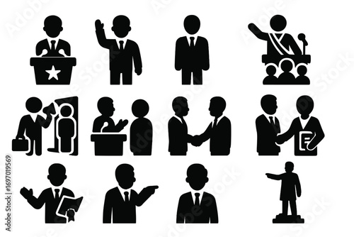 Political Icons Collection. Solid style icons of politicians and leaders: president behind podium, prime minister waving, senator