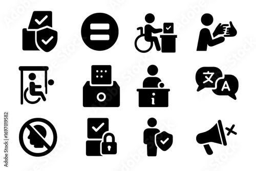 Voting Access Icons. Solid style icons of voting rights and access: ballot with shield, equal vote sign, person in wheelchair