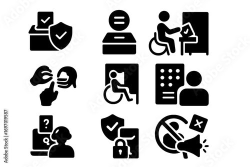 Voting Access Icons. Solid style icons of voting rights and access: ballot with shield, equal vote sign, person in wheelchair