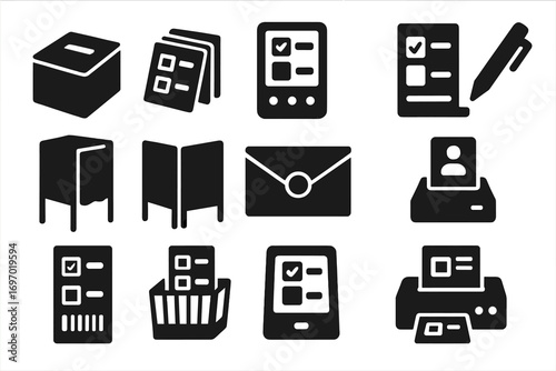 Voting Equipment Icons. Solid style icons of voting equipment and materials: ballot box with slot, paper ballot stack, electronic