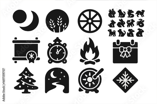 Traditional Time Icons. Solid style icons of time and calendar traditions: moon phase icon, harvest moon, sun wheel, zodiac