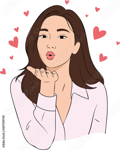 Young woman blowing kiss with scattered pink hearts romantic gesture vector illustration 