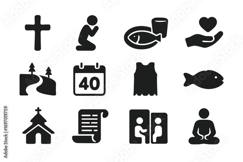 Lent Icon Set. Solid style icons of Lent: ashes cross, praying figure, fasting meal, giving hand, wilderness path, 40-day calendar