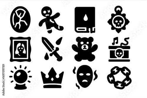 Cursed Objects Icons. Solid style icons of cursed objects: cracked mirror, broken doll, blood-stained book, ancient amulet,
