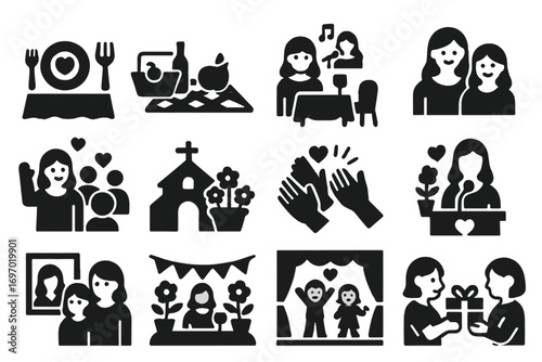 Mother's Day Icons. Solid style icons of Mother’s Day events: brunch setting, picnic blanket, restaurant table, concert with mom,