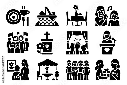 Mother's Day Icons. Solid style icons of Mother’s Day events: brunch setting, picnic blanket, restaurant table, concert with mom,