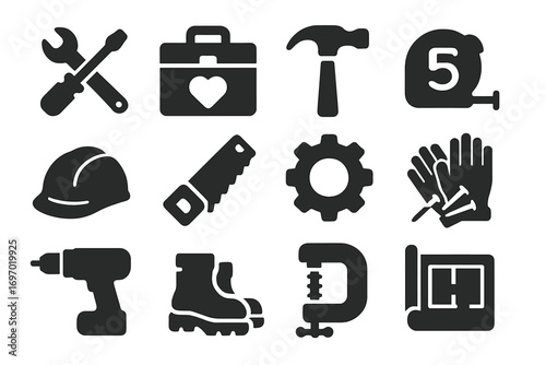 Dad's Toolbox Icons. Solid style icons of dad tools and gear: wrench and screwdriver, toolbox with heart, hammer icon, measuring