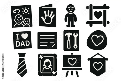 Father's Day Icons. Solid style icons of artistic Father’s Day tributes: child’s drawing, handprint card, clay figure, popsicle