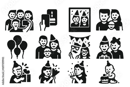 Birthday Celebration Icons. Solid style icons of birthday photo moments: group selfie, cake with candles photo, party photo frame,