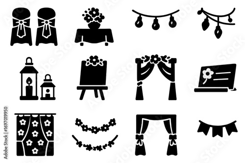 Wedding Decor Icons. Solid style icons of wedding decorations: draped chairs, table centerpiece, fairy lights, lanterns with