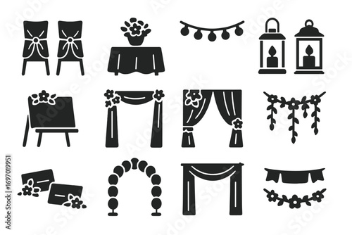 Wedding Decor Icons. Solid style icons of wedding decorations: draped chairs, table centerpiece, fairy lights, lanterns with