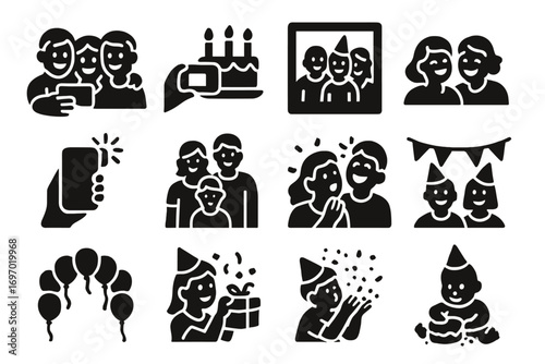 Birthday Celebration Icons. Solid style icons of birthday photo moments: group selfie, cake with candles photo, party photo frame,