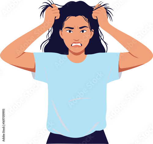 Frustrated woman pulling hair in blue shirt expressing stress and anxiety vector illustration 