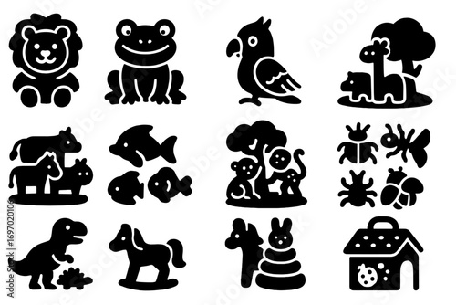 Animal Toys Collection. Solid style icons of animal-themed toys: plush lion, rubber frog, toy parrot, zoo figures, farm animals,