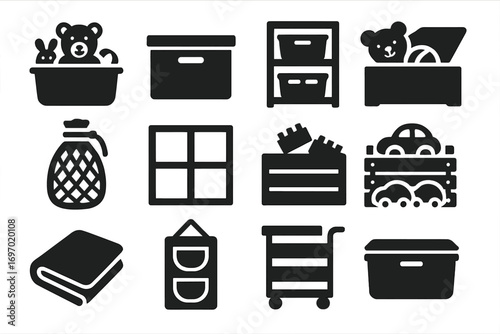 Toy Storage Icons. Solid style icons of storage and toy organization: toy bin, labeled box, shelf with bins, toy chest, mesh bag,