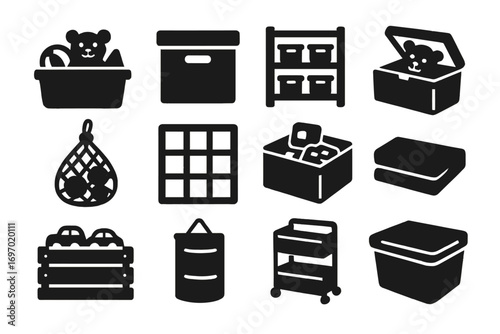 Toy Storage Icons. Solid style icons of storage and toy organization: toy bin, labeled box, shelf with bins, toy chest, mesh bag,