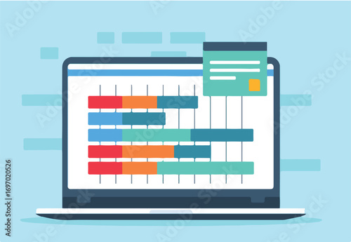 Flat illustration of computer laptop displays gantt chart assisting in planning for software development and project management