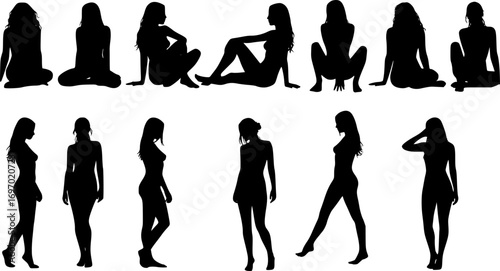 Vector detailed silhouettes set of beautiful sexy women various lying, sitting and standing poses isolated on white background.

