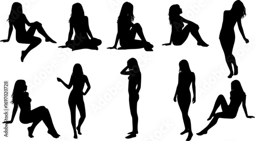 Vector detailed silhouettes set of beautiful sexy women various lying, sitting and standing poses isolated on white background.
