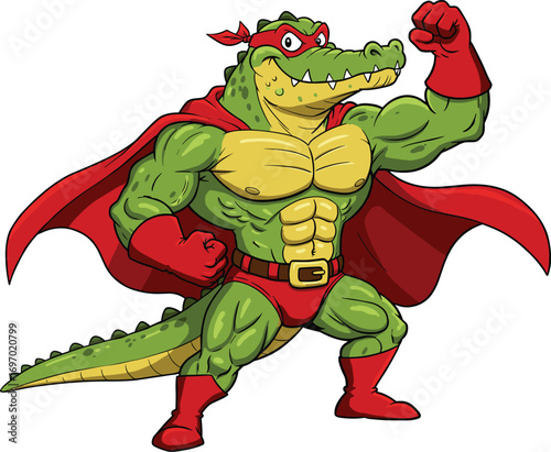 Superhero alligator cartoon, muscular reptile character, red costume, animal hero illustration, vector mascot, strong pose, kids theme, funny design