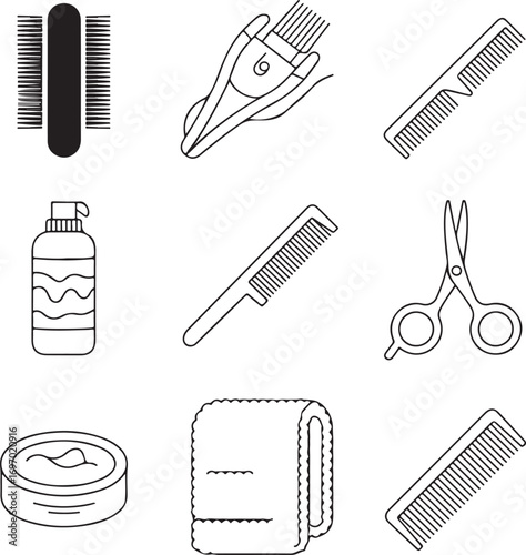 Collection of black and white line art icons for hair care and styling hair comb hairbrush