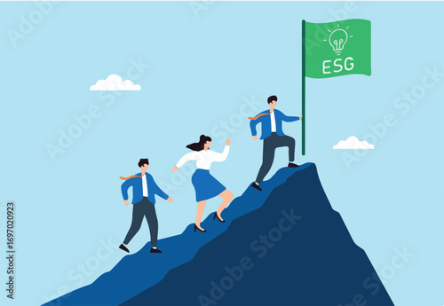 Flat illustration of employees climbing mountain with green ESG lightbulb as corporate sustainability flag