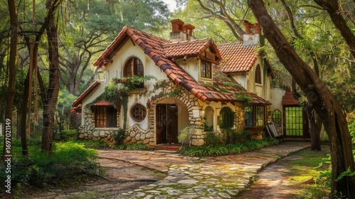 Enchanting fairy tale cottage nestled amongst lush green forest trees