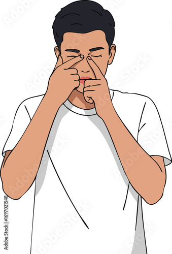 Young man massaging nose bridge with fingers to relieve sinus pressure vector illustration 