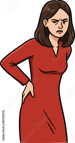 Woman in red dress holding lower back with painful expression vector illustration 