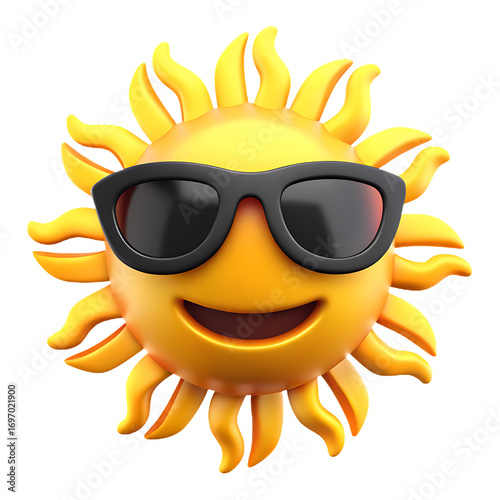 Cheerful sun character wearing sunglasses isolated on a transparent background smiling