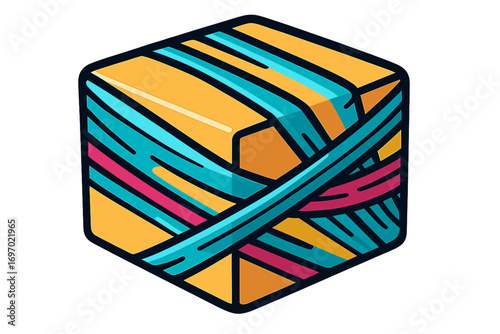 Colorful rubber bands wrapped around a yellow block Shrink wrap